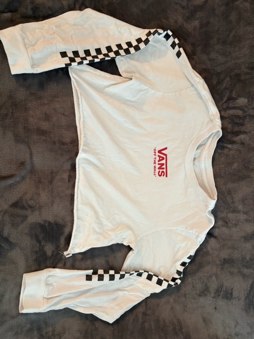 Vans White Cropped Long Sleeve Tee with Black Checkerboard Sleeves and Red Logo